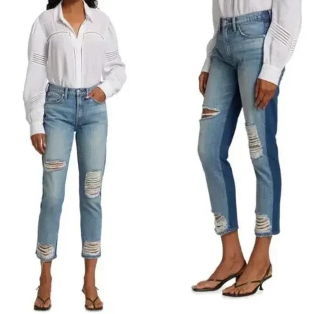 NWT 7 For All Mankind 50/50 Two Tone Distressed High Rise Straight Jeans 32